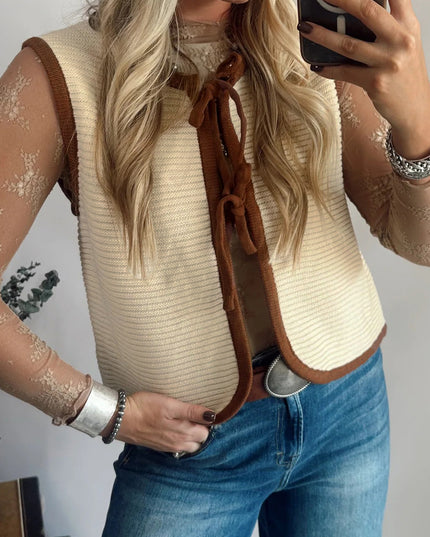 White Horizontal Ribbed Knit Contrast Trim Ties Front Sweater Vest