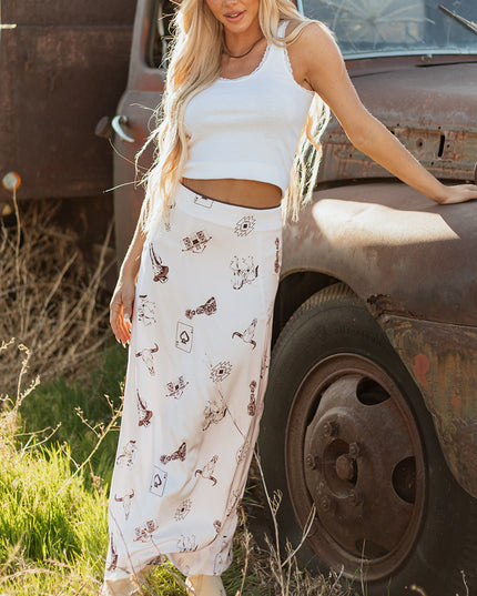 Beige Western Print Satin Long Skirt