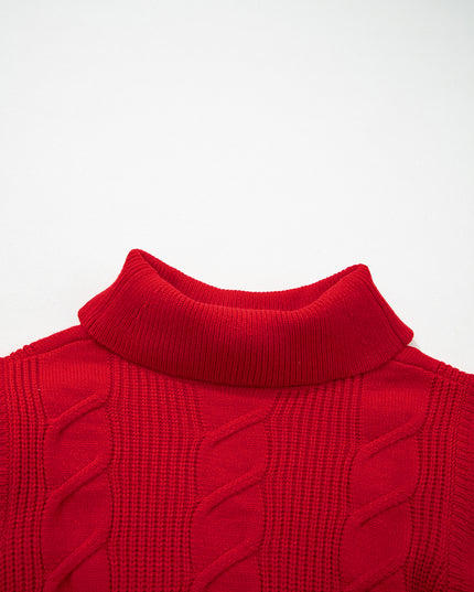 Tomato Red Cable Knit Turtleneck Ruffled Short Sleeve Sweater
