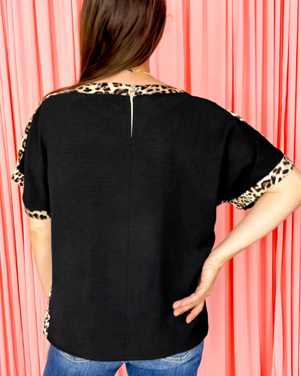 Black Plus Size Leopard Patchwork Round Neck Loose Tee