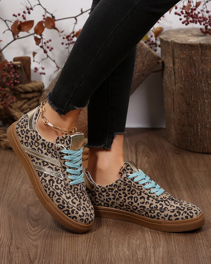 Coffee Faux Suede Leopard Print Sleek PU Leather Detail Lace Up Sneakers