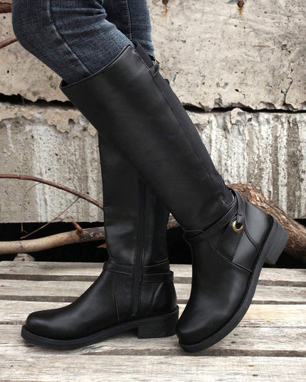 Black Side Zipper Knee High Chunky Low Heel Boots