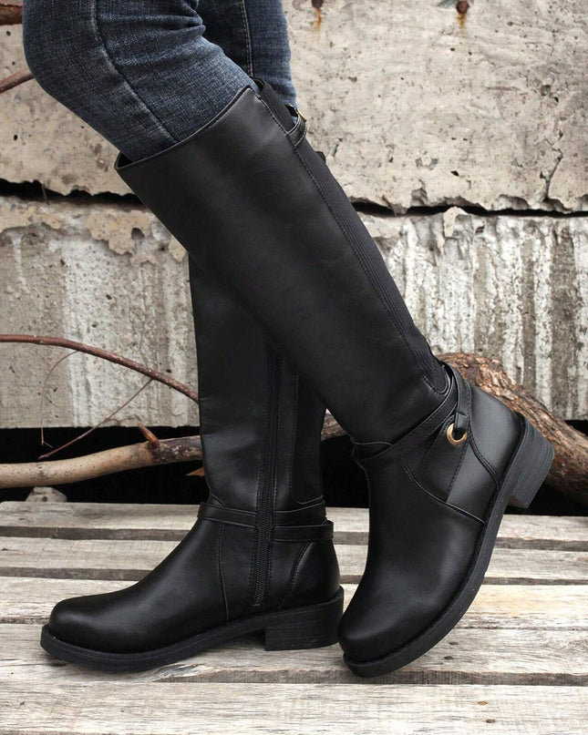 Black Side Zipper Knee High Chunky Low Heel Boots