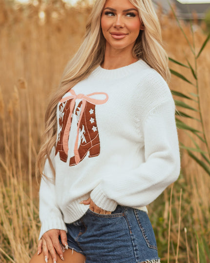 White Embroidered Bow Boots Graphic Drop Shoulder Sweater