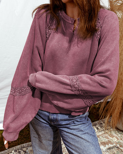 Sail Blue Lace Patchwork Detail Notched Neck Mineral Wash Baggy Sweatshirt