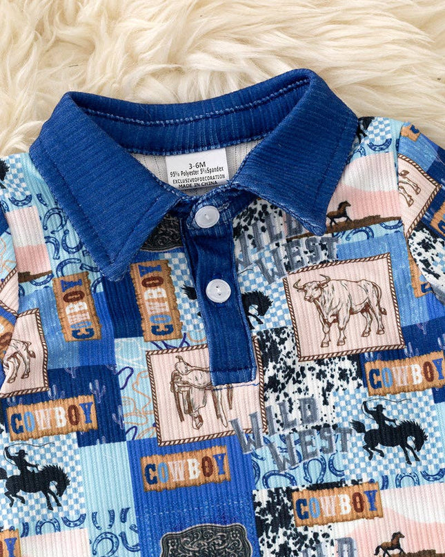Royal blue trim/Cowboy multi-printed baby jumpsuit with snaps. RPB60322 JEAN