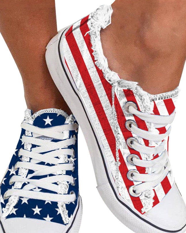 Blue American Flag Lace-up Canvas Flat Shoes