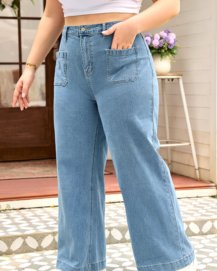 Dusk Blue Patched Pocket Textured Wide Leg Plus Size Jeans