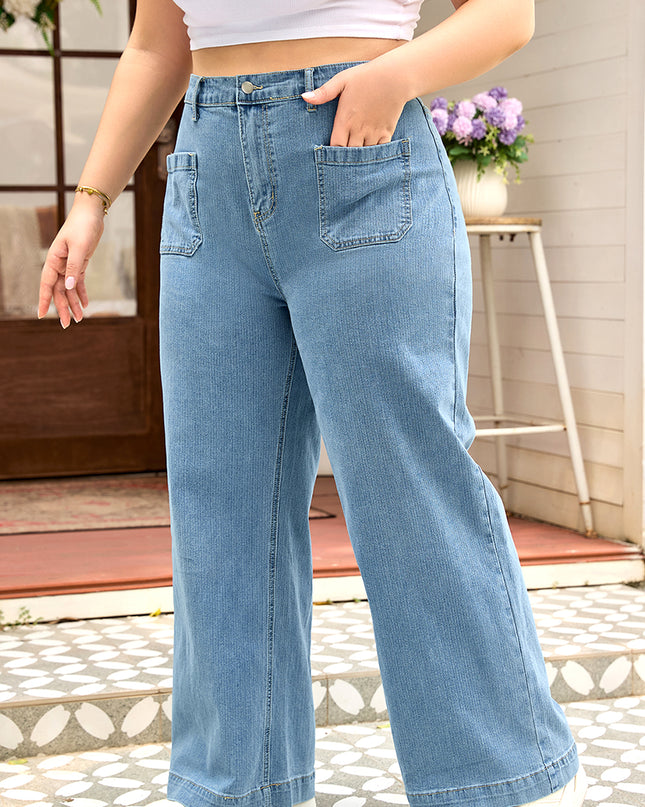 Dusk Blue Patched Pocket Textured Wide Leg Plus Size Jeans