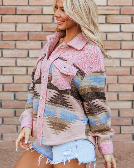 Pink Western Aztec Print Sherpa Splicing Buttoned Flap Pocket Coat