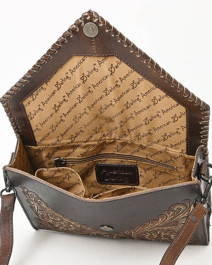 ADBGZ754 Envelope Hand Tooled Leather Wallet Bag - Western Floral Whipstitch Purse
