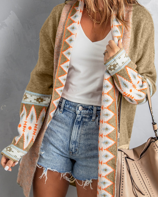 Khaki Aztec Print Open Front Knitted Cardigan