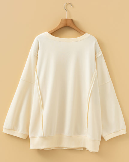 Beige Plus Size Raw Seam Detail Floral Bow Patched Baggy Pullover