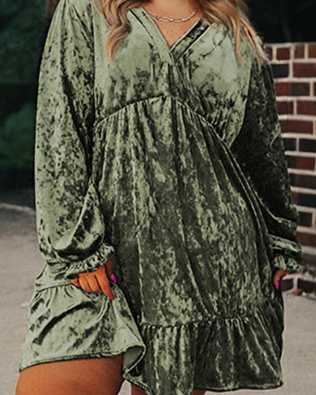 Coffee Plus Size Velvet Babydoll Mini Dress with Puff Sleeve