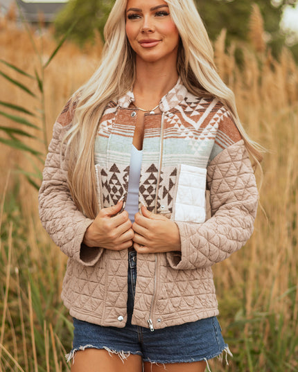 Light French Beige Aztec Quilted Patchwork Western Fashion Jacket