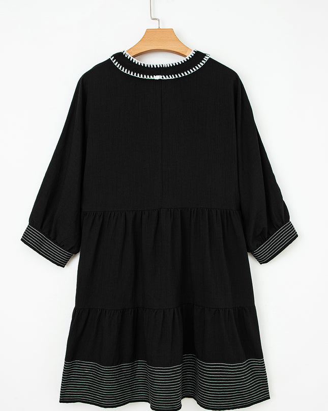Black Contrast Stitched V Neck 3/4 Sleeve Tiered Mini Dress