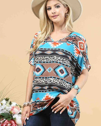 AV1178-MARLENE AZTEC PRINT WOVEN TOP