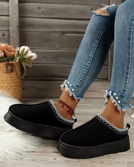 Black Contrast Print Suede Plush Lined Snow Boots