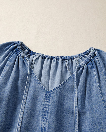 Myosotis Puff Sleeve V Neck Ruffled Loose Denim Mini Dress