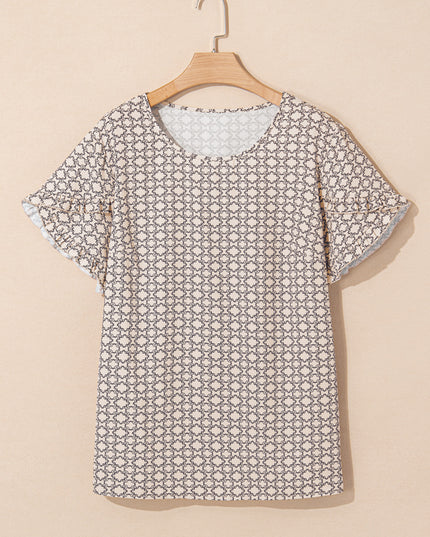 Khaki Plus Size Geometric Print Ruffled Sleeve Blouse
