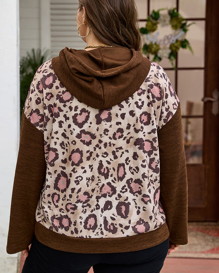 Brown Leopard Print Knit Patchwork Plus Hoodie