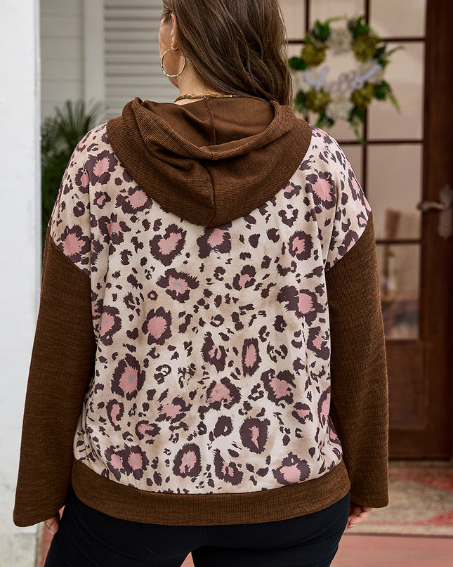 Brown Leopard Print Knit Patchwork Plus Hoodie