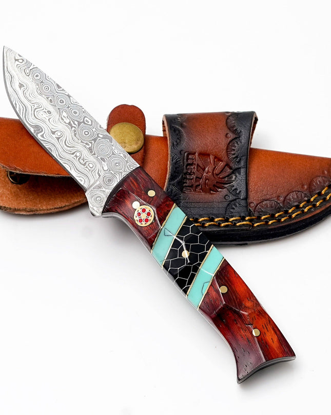 Custom Damascus Steel Drop Point Hunter | Rosewood, Turquoise & Black Honeycomb Handle | Scout Carry TK-489
