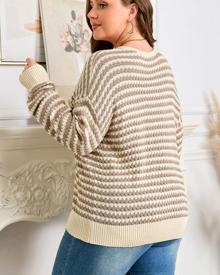 Khaki Stripe Plus Size V Neck Drop Shoulder Sweater