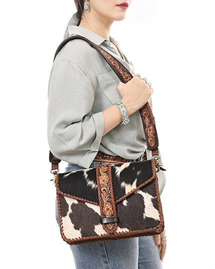 ADBGA635 Hair-On Cowhide Crossbody Bag with Tooled Leather Strap & Trim