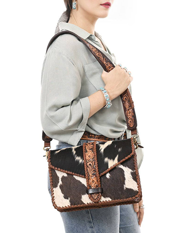 ADBGA635 Hair-On Cowhide Crossbody Bag with Tooled Leather Strap & Trim
