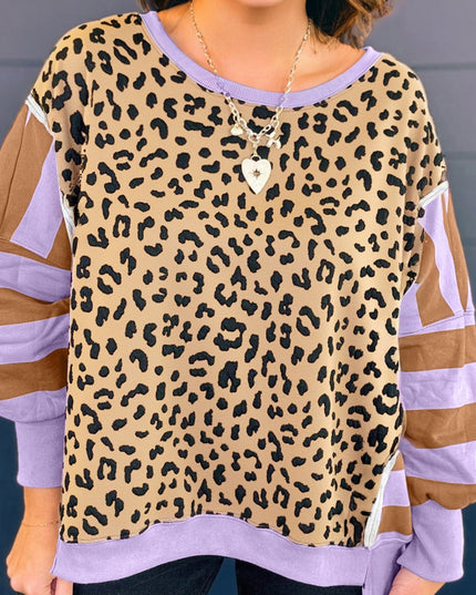 Khaki Leopard Striped Patchwork Plus Size Loose Sweatshirt