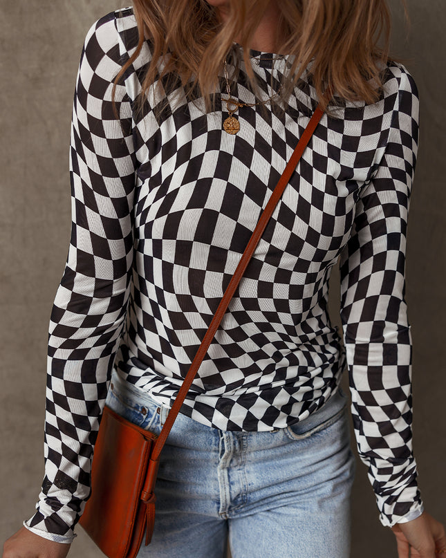 Black Checkered Pattern Mesh Mock Neck Long Sleeve Top