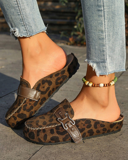 Coffee Faux Suede Cute Buckle PU Leather Strap Mule Slippers