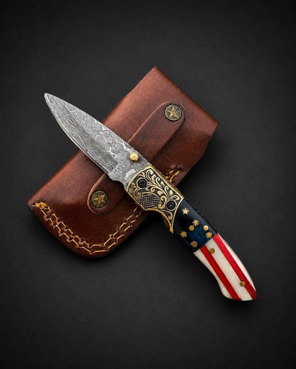 Premium Damascus Steel Folding Pocket Knife – Patriotic Edition with Leather Sheath TF-102