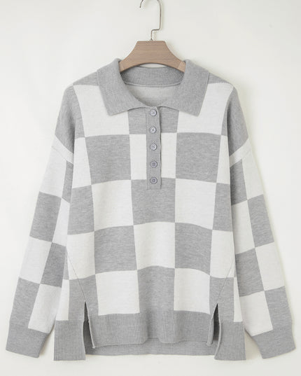 Gray Plus Size Checkered Pattern Button Polo Collar Split Sweater
