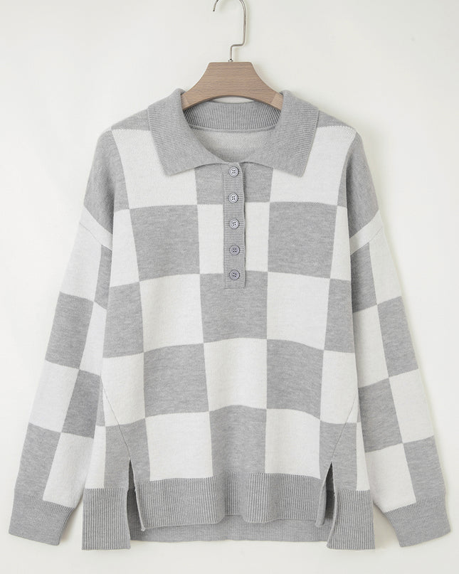 Gray Plus Size Checkered Pattern Button Polo Collar Split Sweater