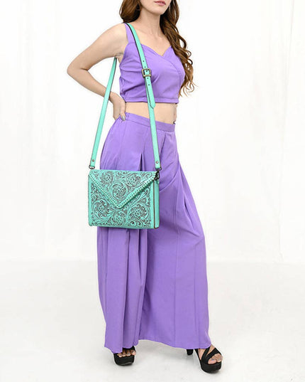 ADBGZ754 Envelope Hand Tooled Leather Wallet Bag - Western Floral Whipstitch Purse