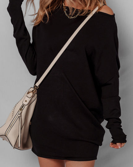 Black Asymmetric Neck Batwing Sleeve Shift Mini Sweater Dress