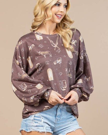 AV1171-CAROL WESTERN PRINT LONG SLEEVE SWEATSHIRT