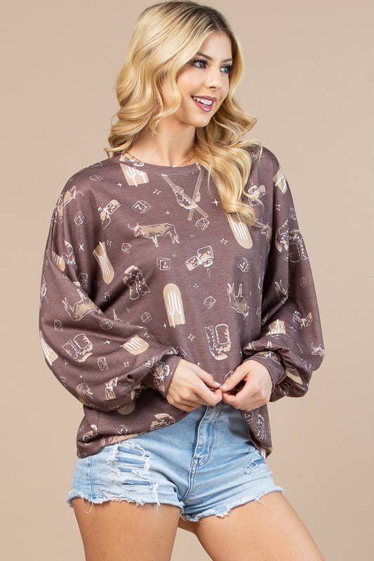 AV1171-CAROL WESTERN PRINT LONG SLEEVE SWEATSHIRT