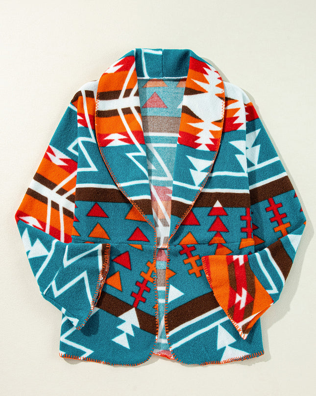 Sky Blue Aztec Printed Lapel Bell Sleeve Jacket