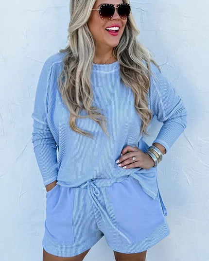 Light Blue Plus Size Ribbed Long Sleeve Top and Drawstring Shorts Set