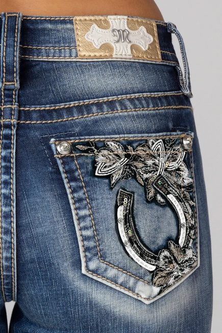 Miss Me Jeans - Mid-Rise Boot Horseshoe and Flower Pattern