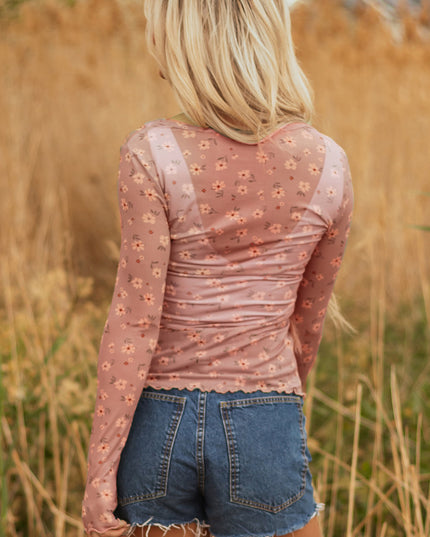 Pink Vintage Floral Print Southern Style Mesh Long Sleeve Top
