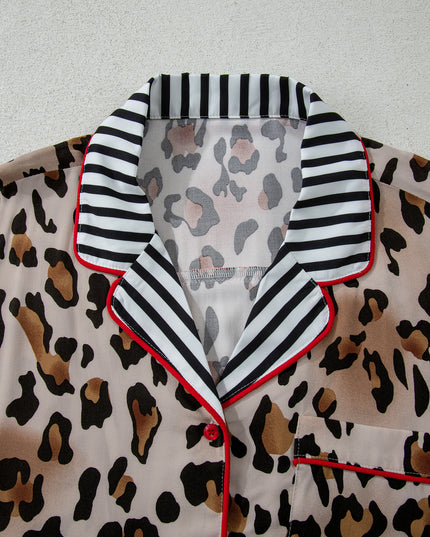 Khaki Plus Leopard Print Contrast Piping Striped Patchwork 2pcs Long Pajama Set