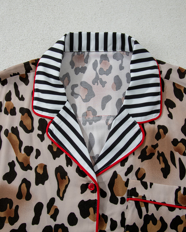 Khaki Plus Leopard Print Contrast Piping Striped Patchwork 2pcs Long Pajama Set