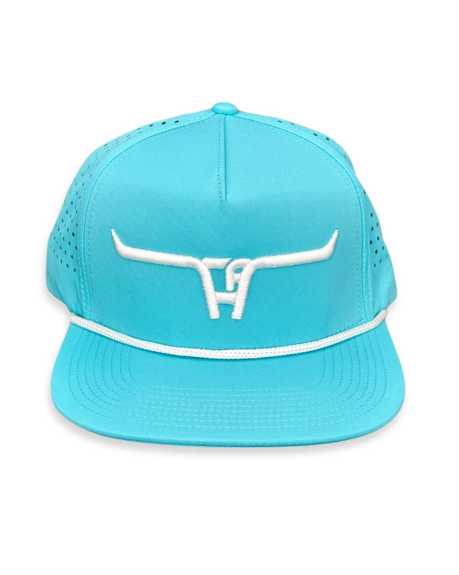 "CA Longhorn" White Puff - CA Turquoise Laser Holes/ White Rope, Snapback Cap (2024)
