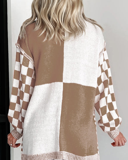 Orange Plus Size Checkered Bubble Sleeve Drop Shoulder Open Cardigan