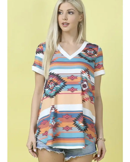 SOLANGE Aztec Print V Neck Short Sleeve Tunic