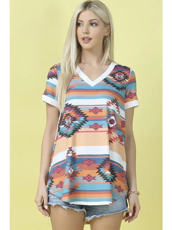 SOLANGE Aztec Print V Neck Short Sleeve Tunic